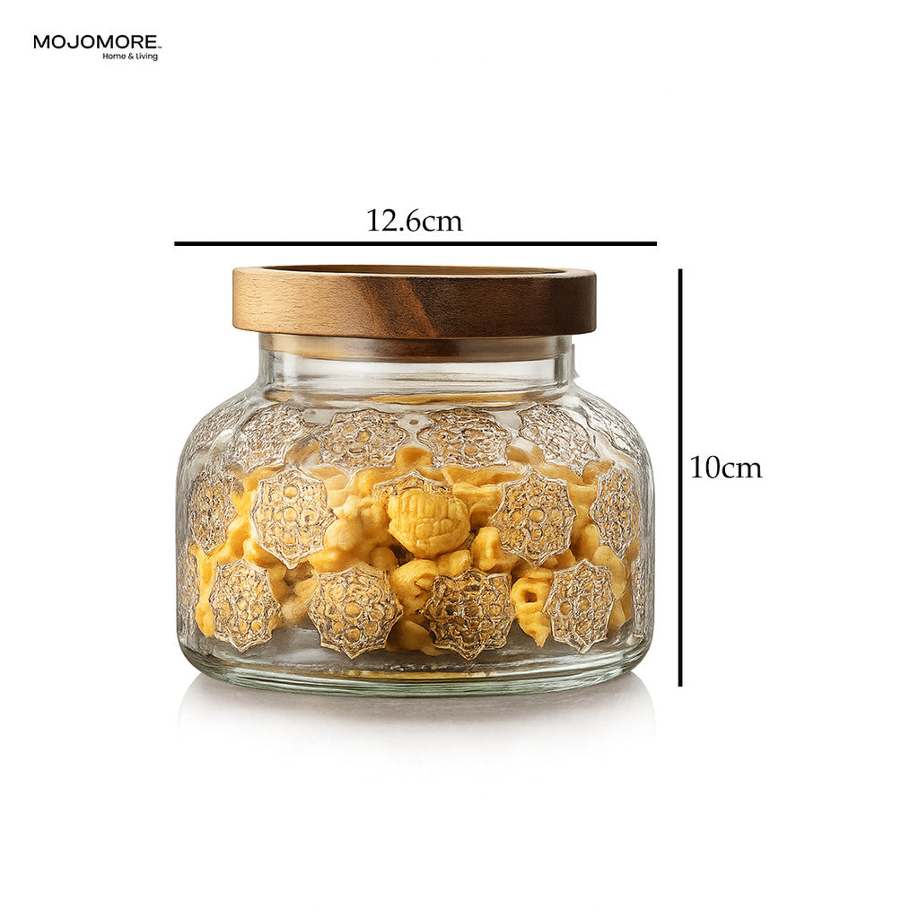 MOJOMORE Andalusia Series Raya Embossed Glass Jar | Airtight Wooden Lid | Balang Kuih Raya Cookie Storage Container