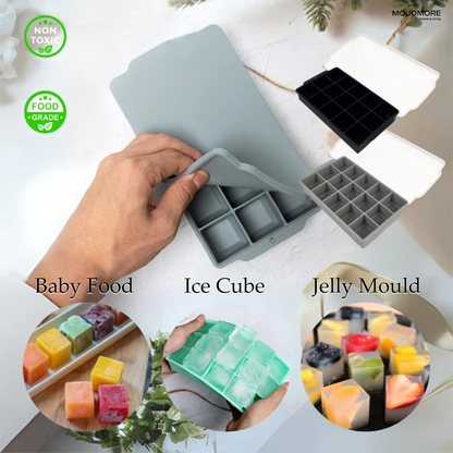 MOJOMORE Silicone Ice Maker 15 Holes Large Ice Cube Mold Jelly Mold Ice Cube Tray With Lid Bekas Ais Batu