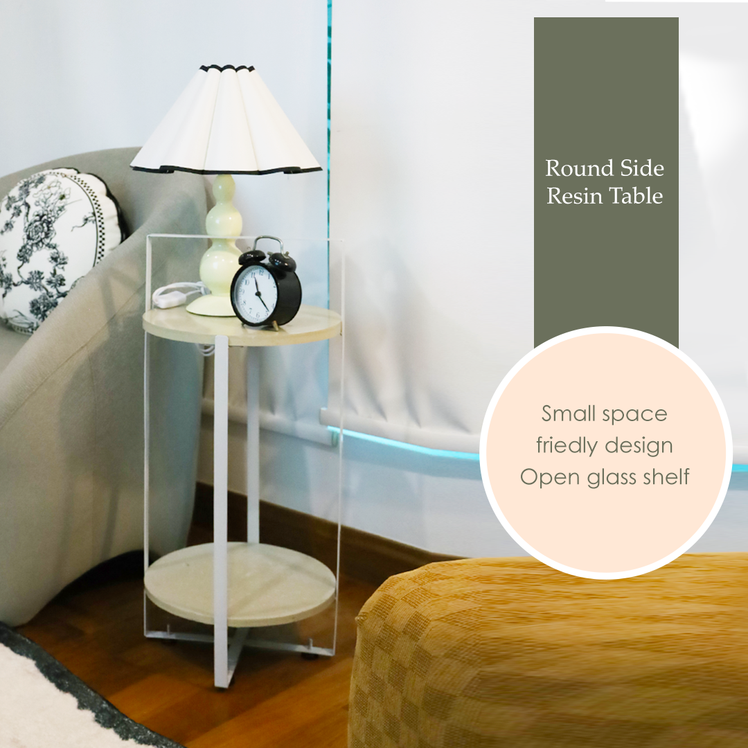 MOJOMORE Modern Resin Round Table -Top End Table with Open Shelf for Living Room