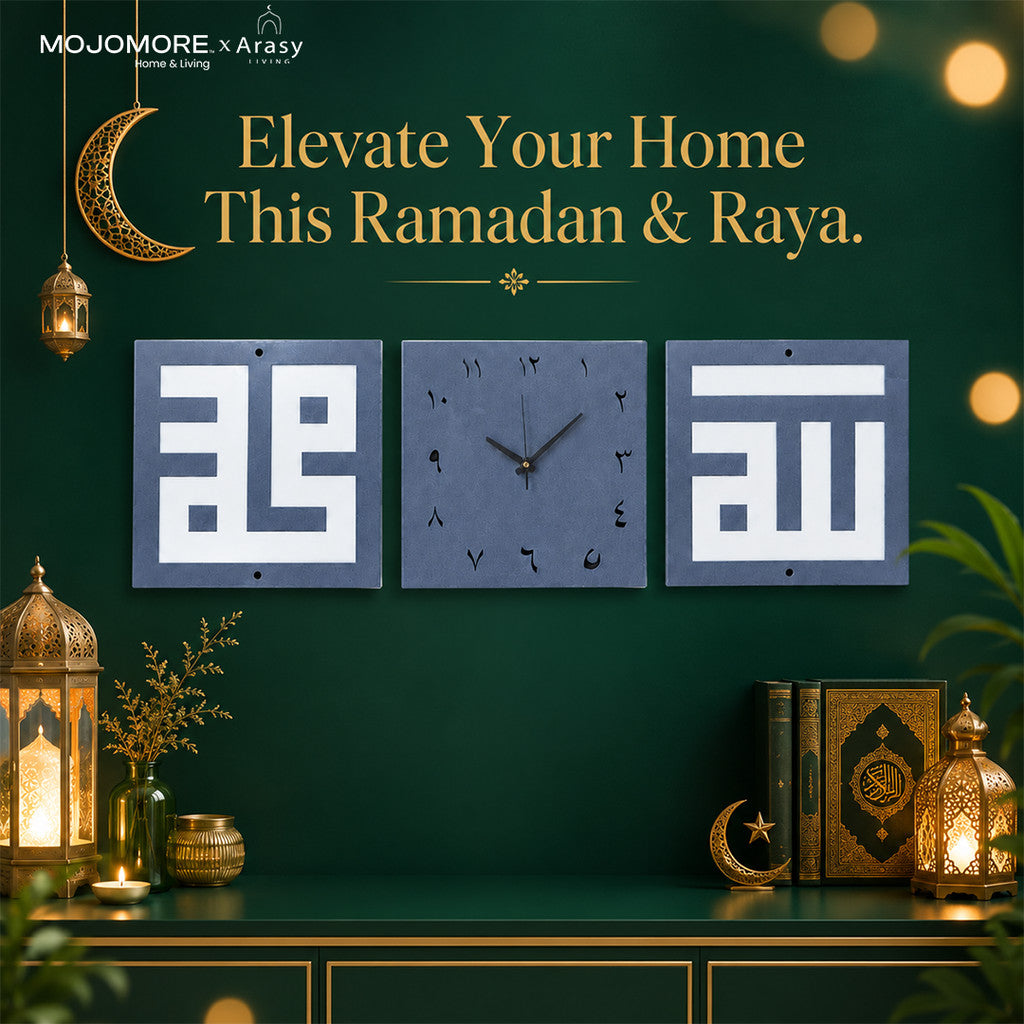 MOJOMORE Hiasan Jam Dinding Islam Allah & Muhammad  | 3-Piece Islamic Wall Clock Décor