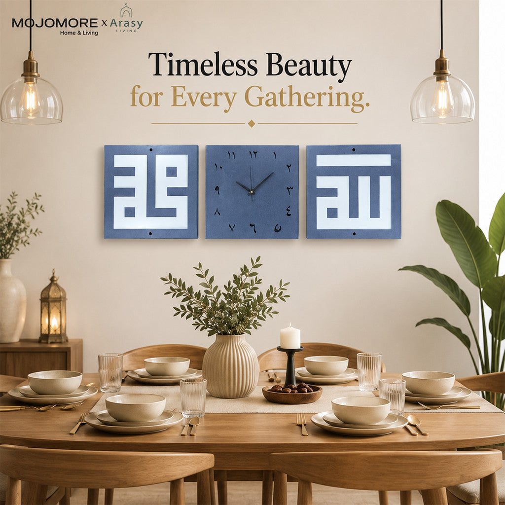MOJOMORE Hiasan Jam Dinding Islam Allah & Muhammad  | 3-Piece Islamic Wall Clock Décor