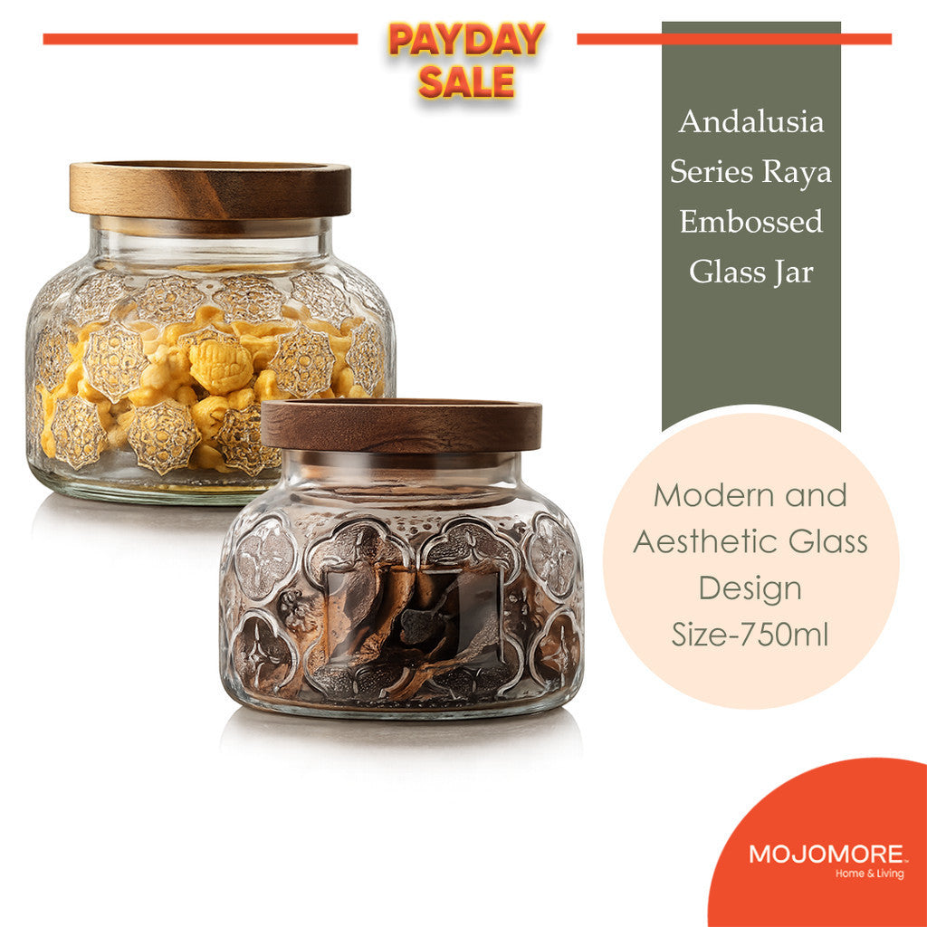 MOJOMORE Andalusia Series Raya Embossed Glass Jar | Airtight Wooden Lid | Balang Kuih Raya Cookie Storage Container