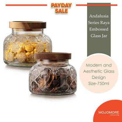 MOJOMORE Andalusia Series Raya Embossed Glass Jar | Airtight Wooden Lid | Balang Kuih Raya Cookie Storage Container