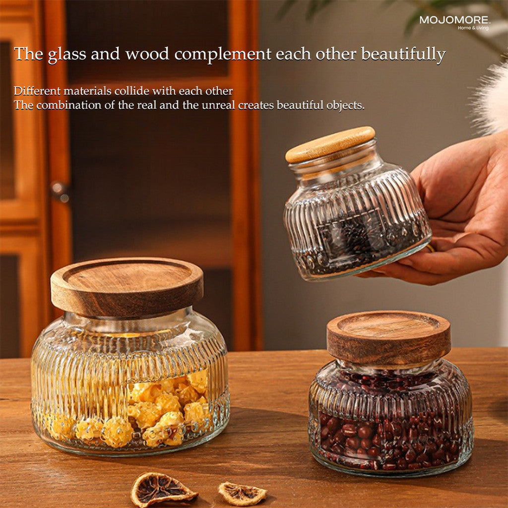 MOJOMORE Andalusia Series Raya Embossed Glass Jar | Airtight Wooden Lid | Balang Kuih Raya Cookie Storage Container