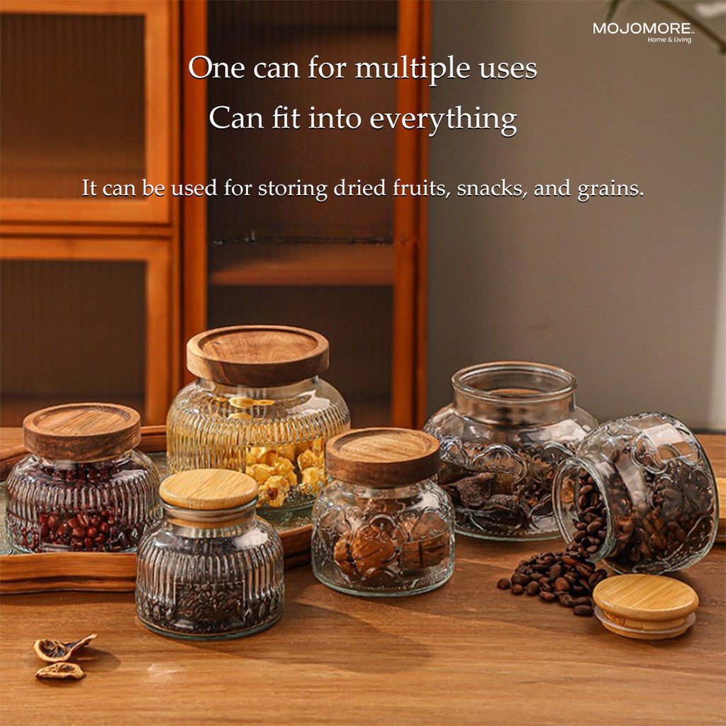 MOJOMORE Andalusia Series Raya Embossed Glass Jar | Airtight Wooden Lid | Balang Kuih Raya Cookie Storage Container