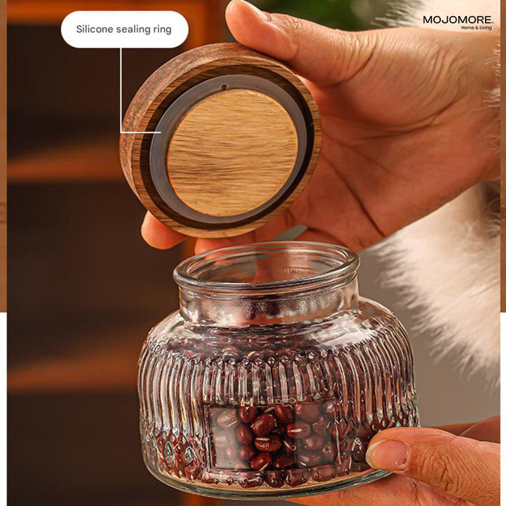 MOJOMORE Andalusia Series Raya Embossed Glass Jar | Airtight Wooden Lid | Balang Kuih Raya Cookie Storage Container