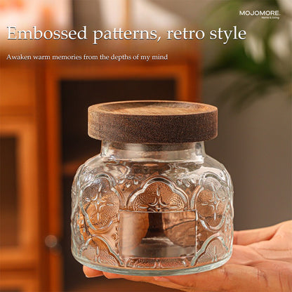 MOJOMORE Andalusia Series Raya Embossed Glass Jar | Airtight Wooden Lid | Balang Kuih Raya Cookie Storage Container
