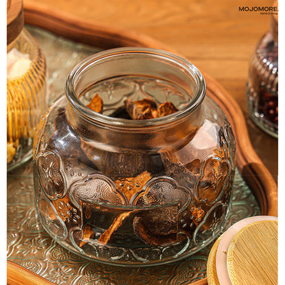 MOJOMORE Andalusia Series Raya Embossed Glass Jar | Airtight Wooden Lid | Balang Kuih Raya Cookie Storage Container