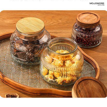 MOJOMORE Andalusia Series Raya Embossed Glass Jar | Airtight Wooden Lid | Balang Kuih Raya Cookie Storage Container