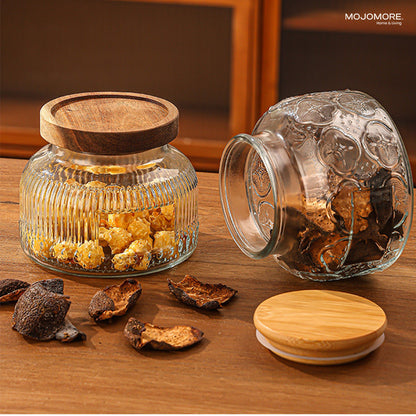 MOJOMORE Andalusia Series Raya Embossed Glass Jar | Airtight Wooden Lid | Balang Kuih Raya Cookie Storage Container