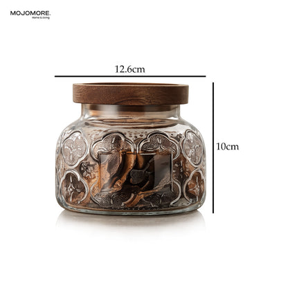 MOJOMORE Andalusia Series Raya Embossed Glass Jar | Airtight Wooden Lid | Balang Kuih Raya Cookie Storage Container