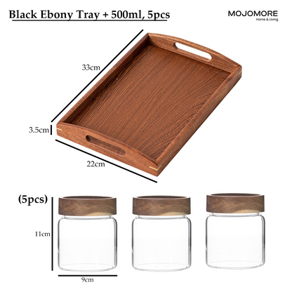 MOJOMORE Ebony Wooden Tray New Chinese Style Wooden Tray with Handle and Balang Kuih Raya Set