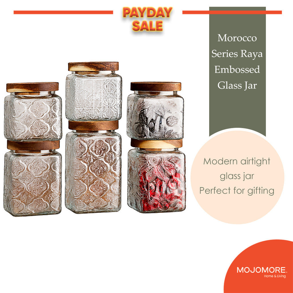 MOJOMORE Morocco Series Raya Embossed Glass Jar | Airtight Wooden Lid | Balang Kuih Raya Cookie Storage Container