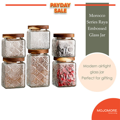 MOJOMORE Morocco Series Raya Embossed Glass Jar | Airtight Wooden Lid | Balang Kuih Raya Cookie Storage Container