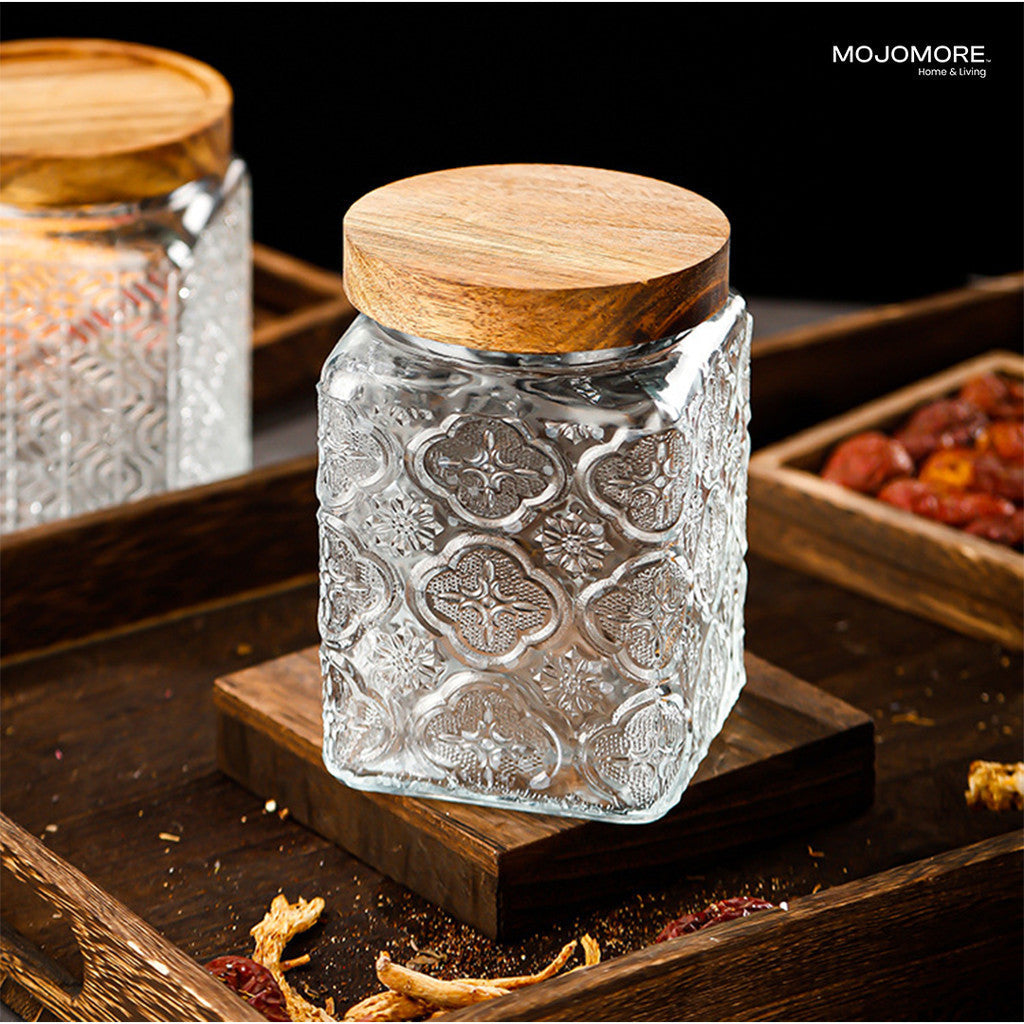 MOJOMORE Morocco Series Raya Embossed Glass Jar | Airtight Wooden Lid | Balang Kuih Raya Cookie Storage Container