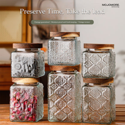 MOJOMORE Morocco Series Raya Embossed Glass Jar | Airtight Wooden Lid | Balang Kuih Raya Cookie Storage Container