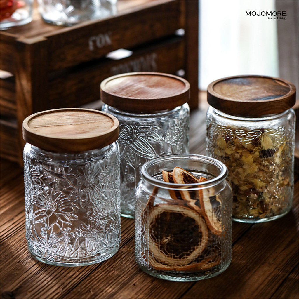 MOJOMORE Morocco Series Raya Embossed Glass Jar | Airtight Wooden Lid | Balang Kuih Raya Cookie Storage Container