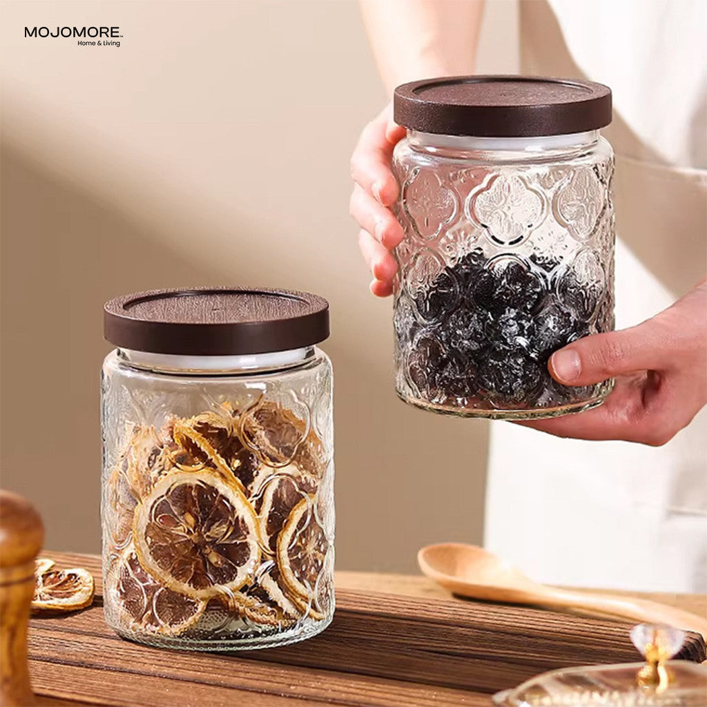 MOJOMORE Morocco Series Raya Embossed Glass Jar | Airtight Wooden Lid | Balang Kuih Raya Cookie Storage Container