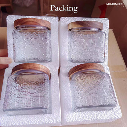 MOJOMORE Morocco Series Raya Embossed Glass Jar | Airtight Wooden Lid | Balang Kuih Raya Cookie Storage Container