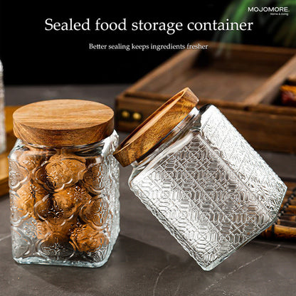 MOJOMORE Morocco Series Raya Embossed Glass Jar | Airtight Wooden Lid | Balang Kuih Raya Cookie Storage Container