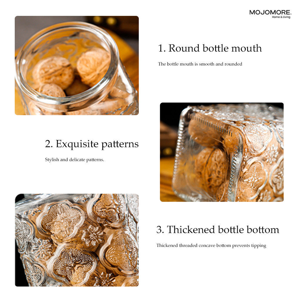 MOJOMORE Morocco Series Raya Embossed Glass Jar | Airtight Wooden Lid | Balang Kuih Raya Cookie Storage Container