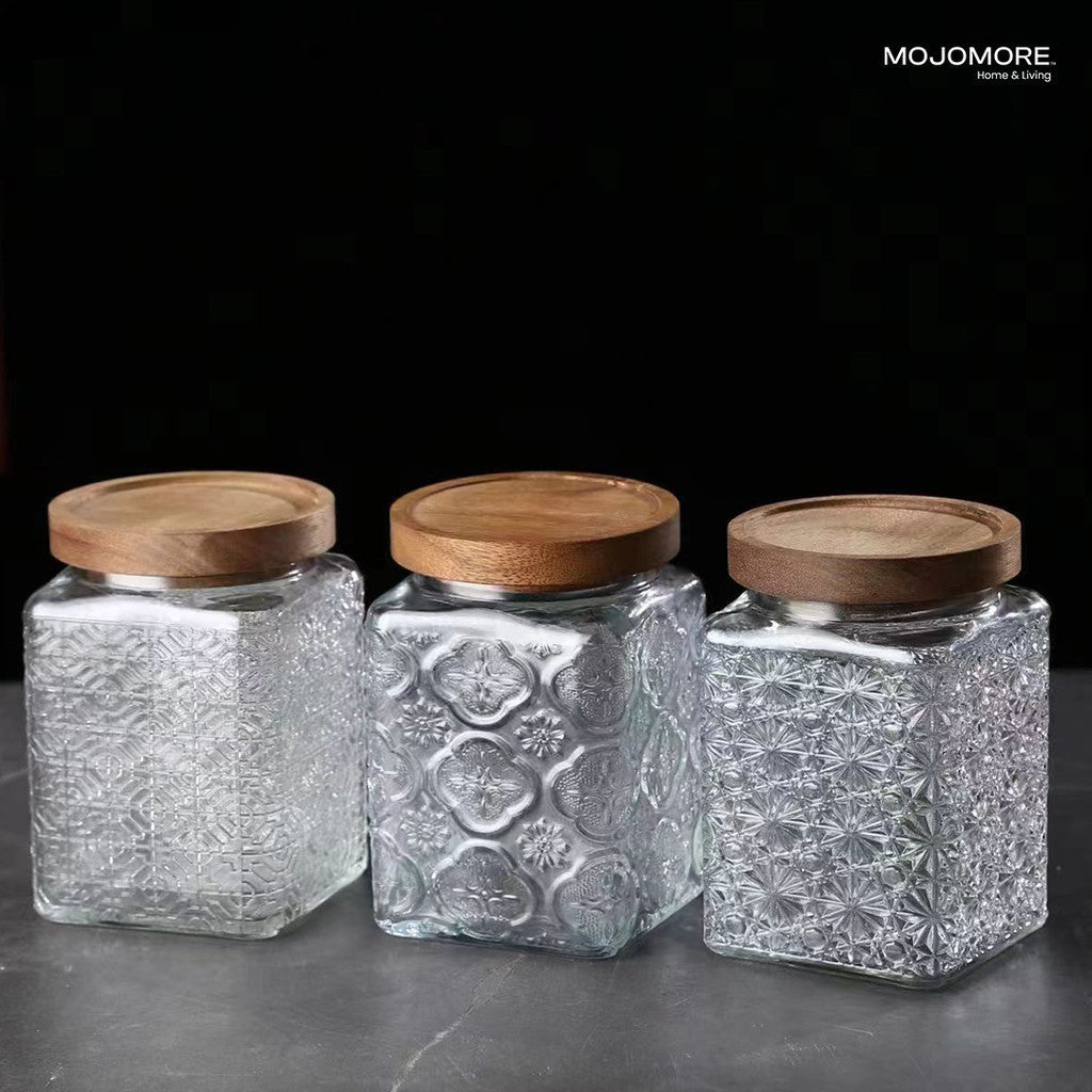 MOJOMORE Morocco Series Raya Embossed Glass Jar | Airtight Wooden Lid | Balang Kuih Raya Cookie Storage Container