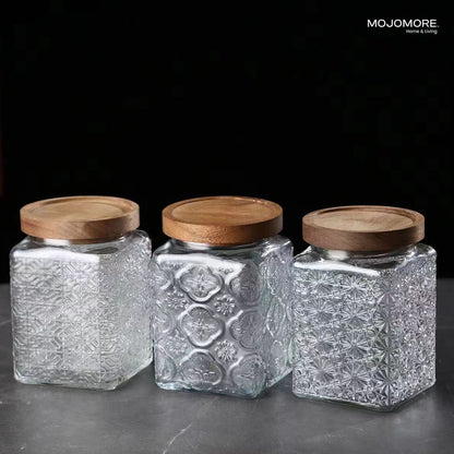 MOJOMORE Morocco Series Raya Embossed Glass Jar | Airtight Wooden Lid | Balang Kuih Raya Cookie Storage Container