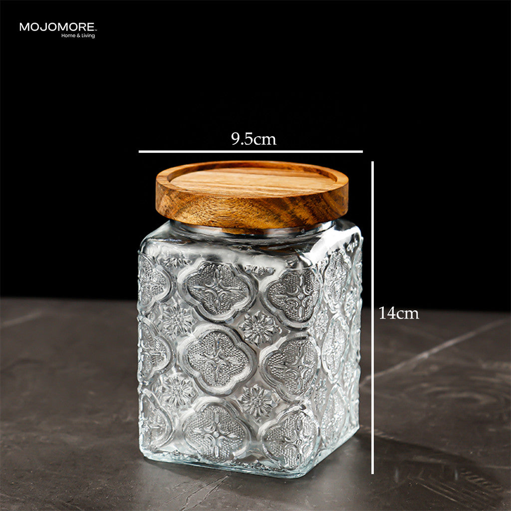 MOJOMORE Morocco Series Raya Embossed Glass Jar | Airtight Wooden Lid | Balang Kuih Raya Cookie Storage Container