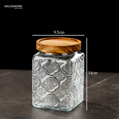 MOJOMORE Morocco Series Raya Embossed Glass Jar | Airtight Wooden Lid | Balang Kuih Raya Cookie Storage Container