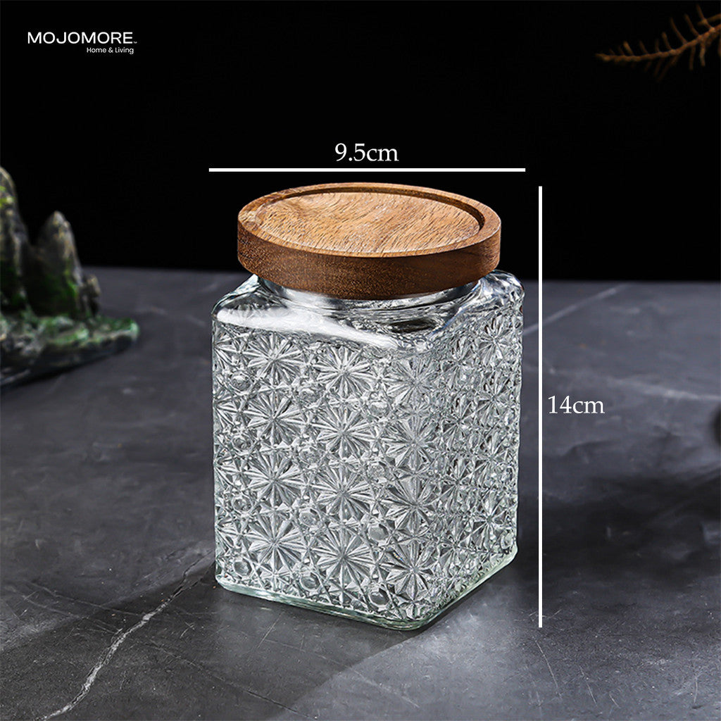 MOJOMORE Morocco Series Raya Embossed Glass Jar | Airtight Wooden Lid | Balang Kuih Raya Cookie Storage Container