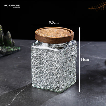 MOJOMORE Morocco Series Raya Embossed Glass Jar | Airtight Wooden Lid | Balang Kuih Raya Cookie Storage Container