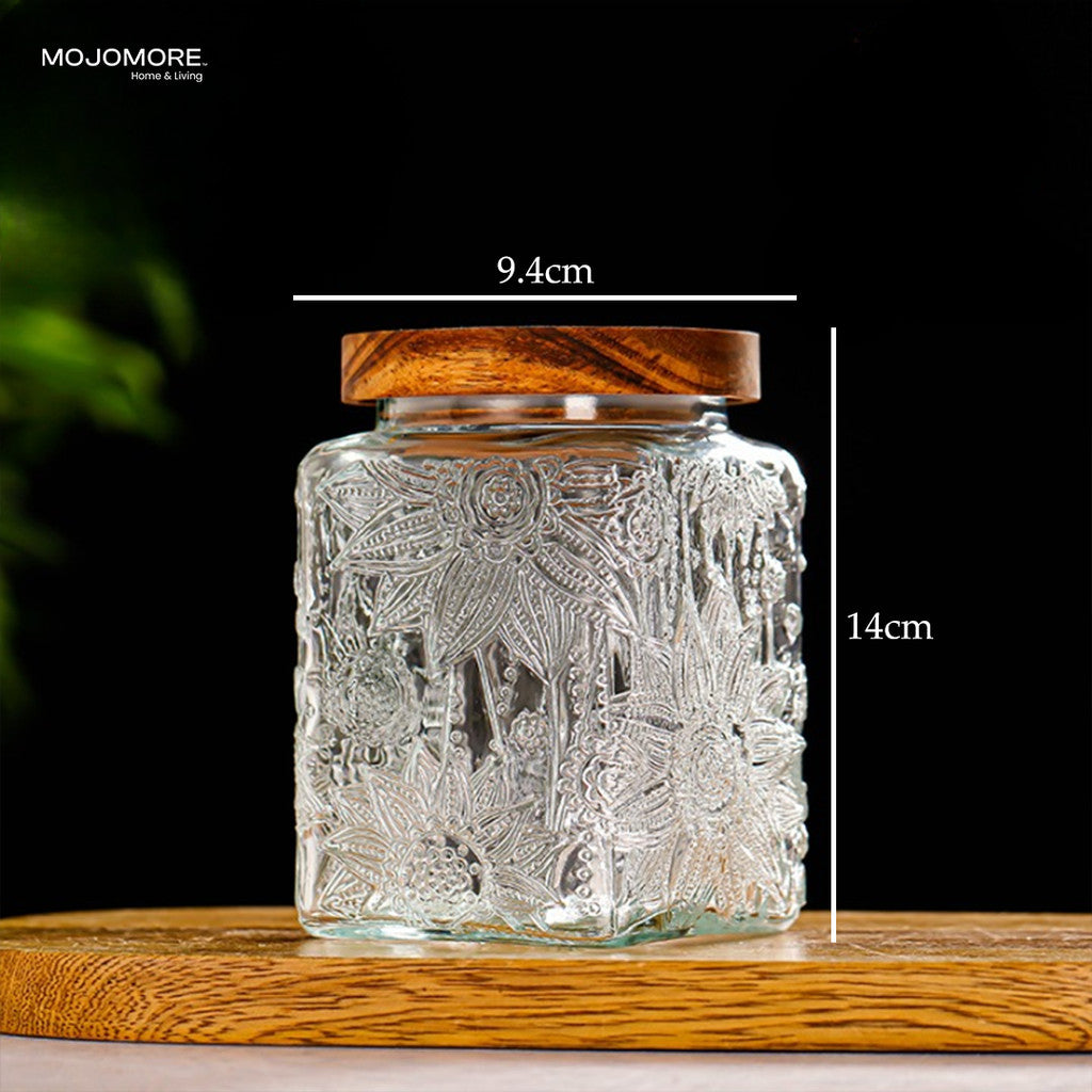 MOJOMORE Morocco Series Raya Embossed Glass Jar | Airtight Wooden Lid | Balang Kuih Raya Cookie Storage Container