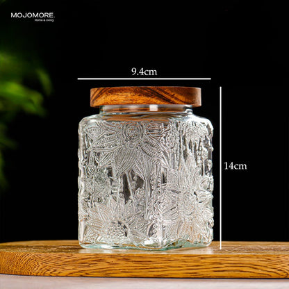 MOJOMORE Morocco Series Raya Embossed Glass Jar | Airtight Wooden Lid | Balang Kuih Raya Cookie Storage Container