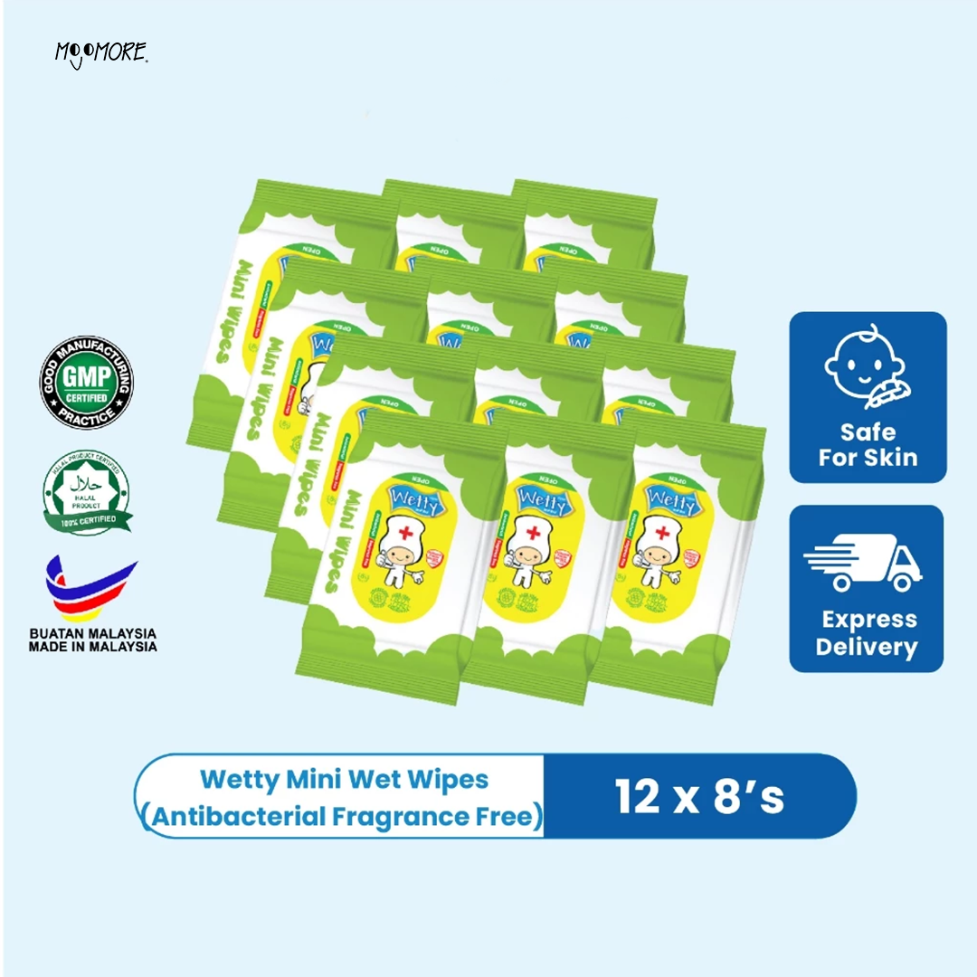 Wetty Antibacterial Mini Wipes 8's (Fragrance Free)