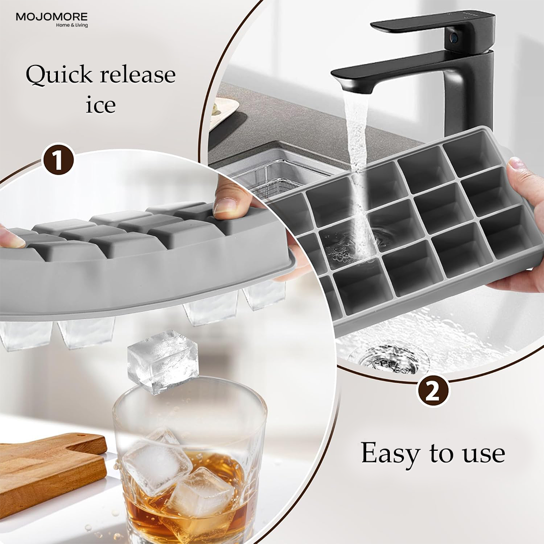 MOJOMORE Silicone Ice Maker 15 Holes Large Ice Cube Mold Jelly Mold Ice Cube Tray With Lid Bekas Ais Batu