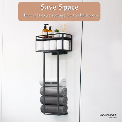 MOJOMORE Bathroom Towel Storage Rack Wall Mounted Bathroom Towel Holder with Shelf & Storage Basket