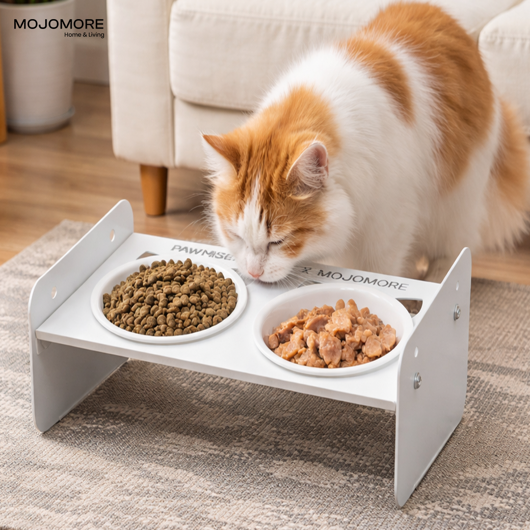 MOJOMORE Stainless steel pet bowl Mangkuk Kucing Cat high bowl with stand Neck protection Easy to Clean