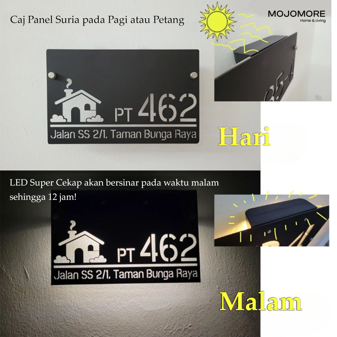 MOJOMORE (Solar + LED) Modern Solar House Number & Address Sign Plate Tanda Rumah
