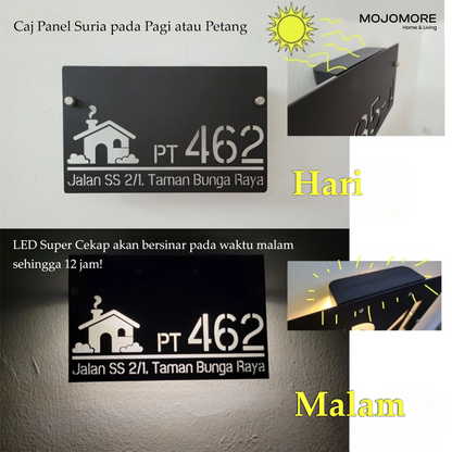 MOJOMORE (Solar + LED) Modern Solar House Number & Address Sign Plate Tanda Rumah