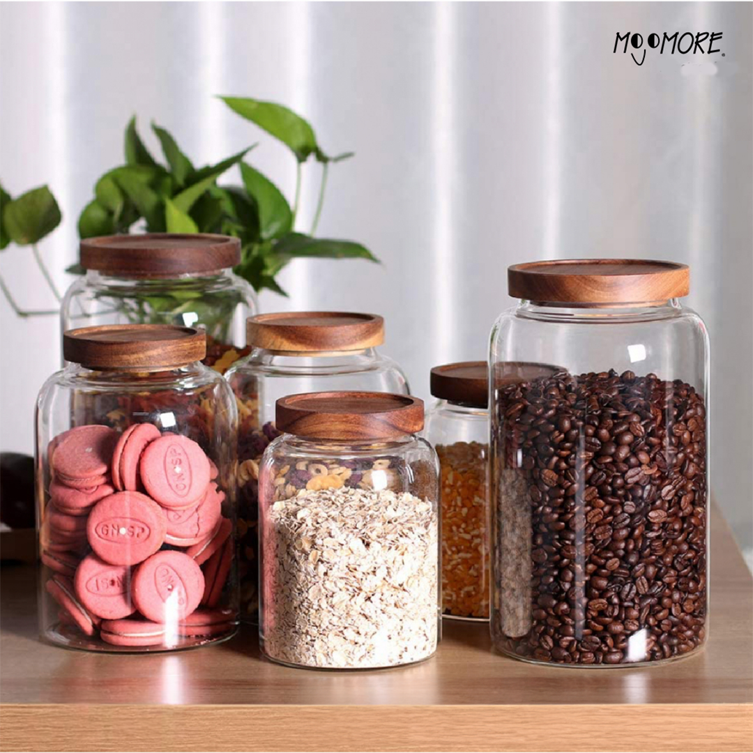 Mojomore Wood Screw Lid Glass Jar Airtight Spice Food Storage Container Spice Bottles Balang
