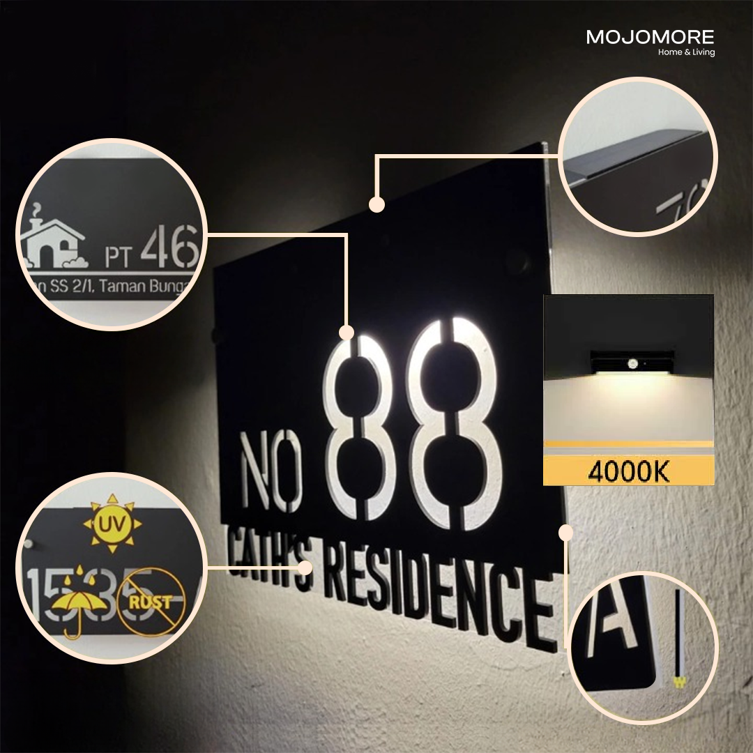 MOJOMORE (Solar + LED) Modern Solar House Number & Address Sign Plate Tanda Rumah