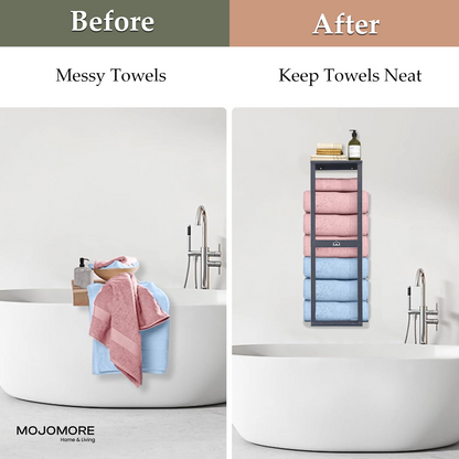 MOJOMORE Bathroom Towel Storage Rack Wall Mounted Bathroom Towel Holder with Shelf & Storage Basket