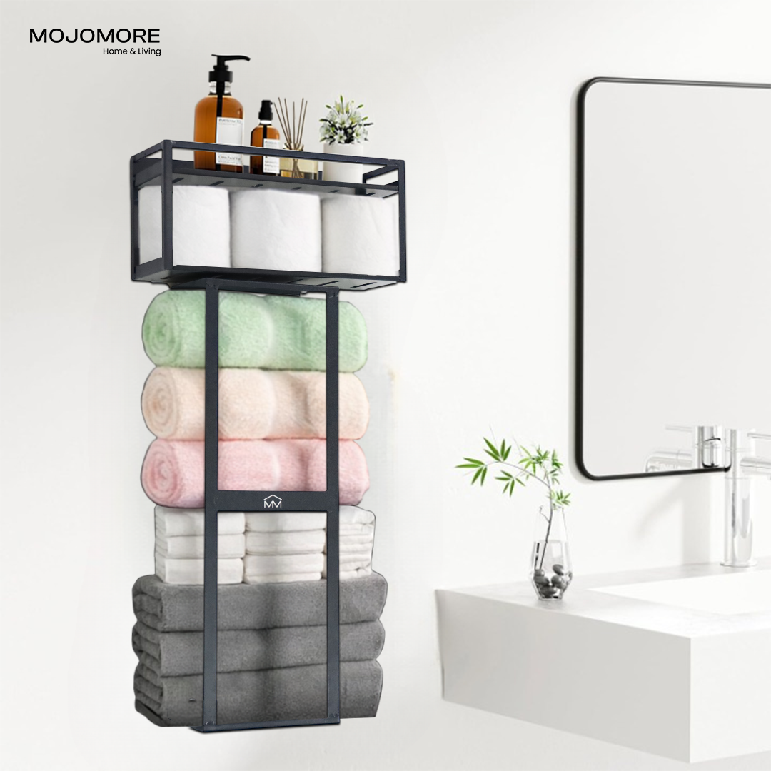 MOJOMORE Bathroom Towel Storage Rack Wall Mounted Bathroom Towel Holder with Shelf & Storage Basket