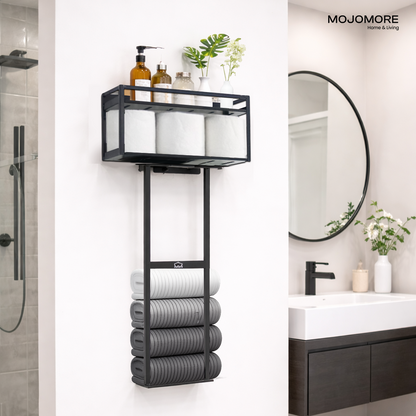 MOJOMORE Bathroom Towel Storage Rack Wall Mounted Bathroom Towel Holder with Shelf & Storage Basket