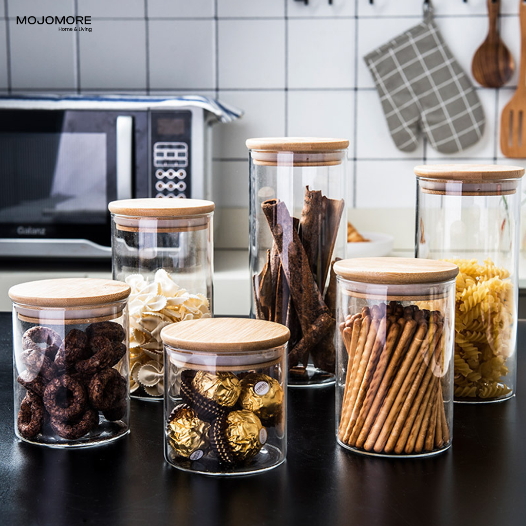 MOJOMORE Round Glass Jar Series, Transparent Container With Lids Cookie Jar Kitchen Jar Balang Bekas Kaca
