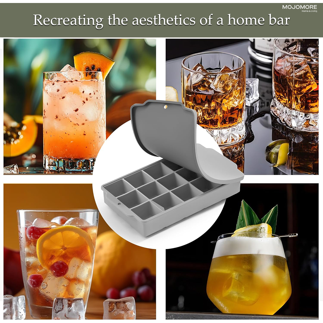 MOJOMORE Silicone Ice Maker 15 Holes Large Ice Cube Mold Jelly Mold Ice Cube Tray With Lid Bekas Ais Batu
